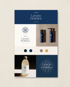 Composición visual de identidad de Grupo Limón Hoteles con productos y logotipo