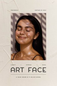 Fotografía de mujer joven sonriendo con branding de Art Face sobreimpreso y ubicación.
