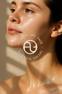 Fotografía de mujer con piel luminosa y el logotipo de Clínica Art Face sobreimpreso.