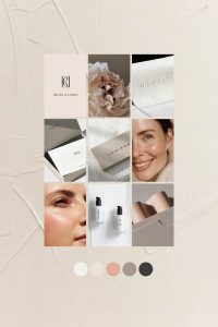 Moodboard estratégico para rebranding de clínica estética con tonos neutros y referencias visuales elegantes.