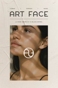 Identidad visual aplicada sobre fondo texturizado y rostro enmarcado con logotipo.