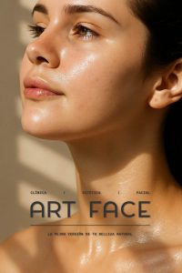 Mujer con rostro iluminado y logotipo de Clínica Art Face con tagline.