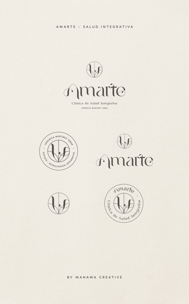 Composición con logotipos de la Clínica Amarte en diferentes versiones visuales sobre fondo claro