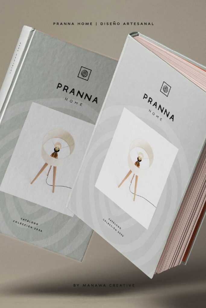 Identidad visual de Pranna Home aplicada en catálogo de muebles artesanales. Branding diseñado por Manawa Creative.