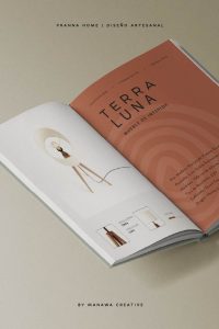 Folleto de Pranna Home mostrando la lámpara Terra Luna, diseño artesanal y branding estratégico realizado por Manawa Creative.