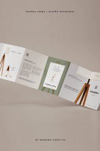 Tríptico de identidad visual de Pranna Home con la colección Terra Luna, branding estratégico de Manawa Creative.