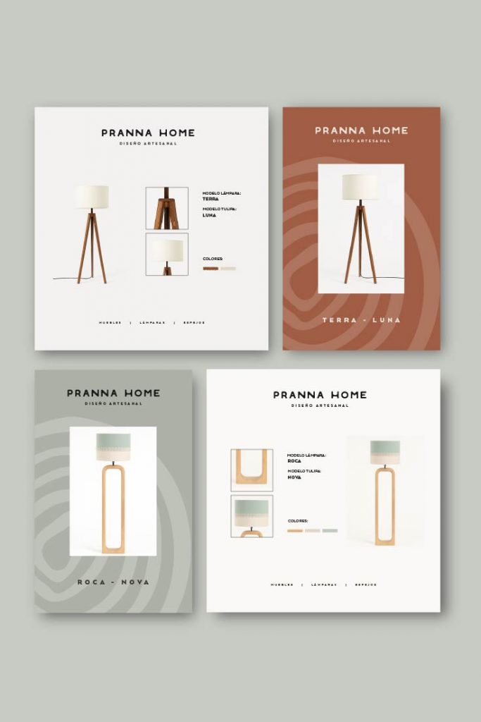 Fichas de producto de lámparas Terra Luna y Roca Nova, identidad visual de Pranna Home creada por Manawa Creative.