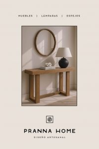 Mueble aparador artesanal con espejo y lámpara de Pranna Home, parte del branding e identidad visual diseñada por Manawa Creative.