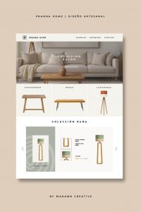 Página web de Pranna Home con catálogo de muebles y lámparas, branding estratégico de Manawa Creative.