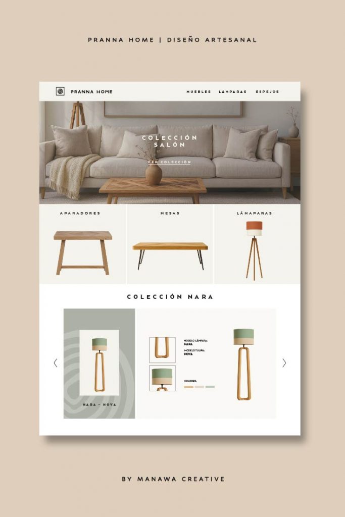 Página web de Pranna Home con catálogo de muebles y lámparas, branding estratégico de Manawa Creative.