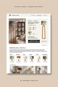 Ficha Web de producto de la lámpara Nova de Pranna Home, diseño artesanal con identidad visual desarrollada por Manawa Creative.