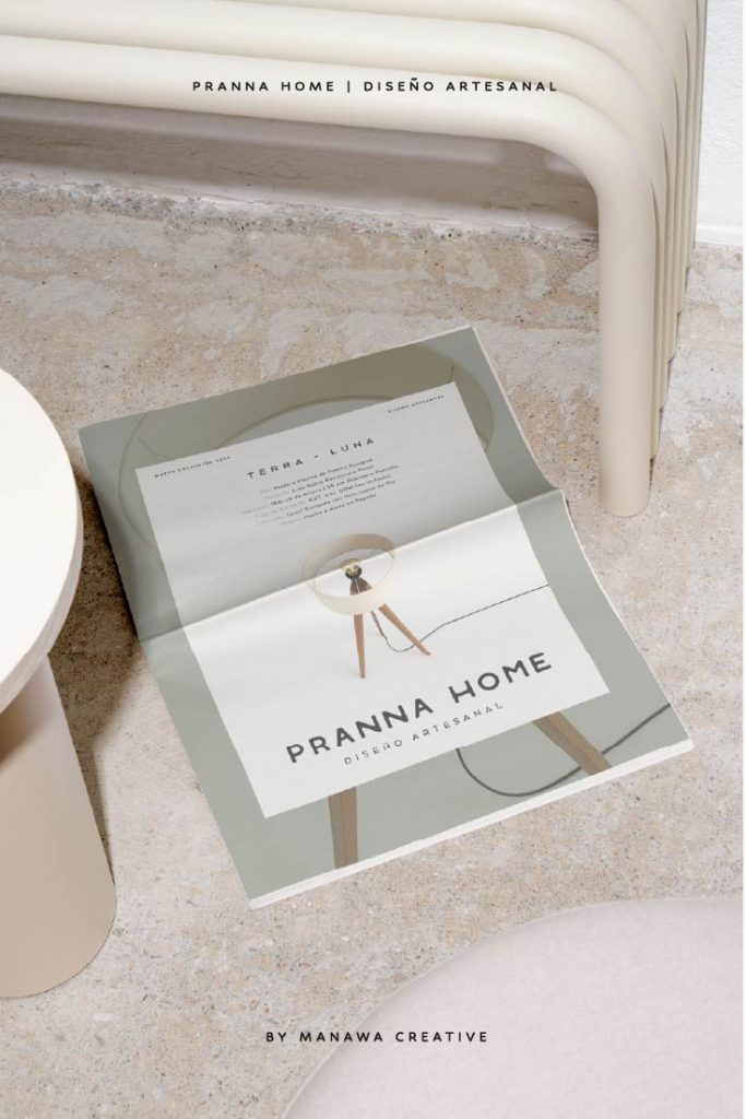 Publicidad de Pranna Home en revista con la lámpara Luna, diseño artesanal creado bajo el branding estratégico de Manawa Creative.
