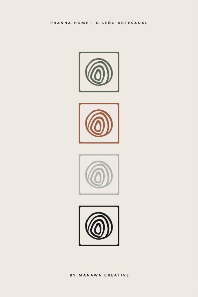 Variaciones del logotipo de Pranna Home en diferentes colores, diseño artesanal y branding de Manawa Creative.