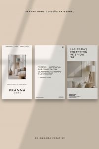 Colección de lámparas artesanales Pranna Home presentadas en mockup de branding estratégico creado por Manawa Creative.