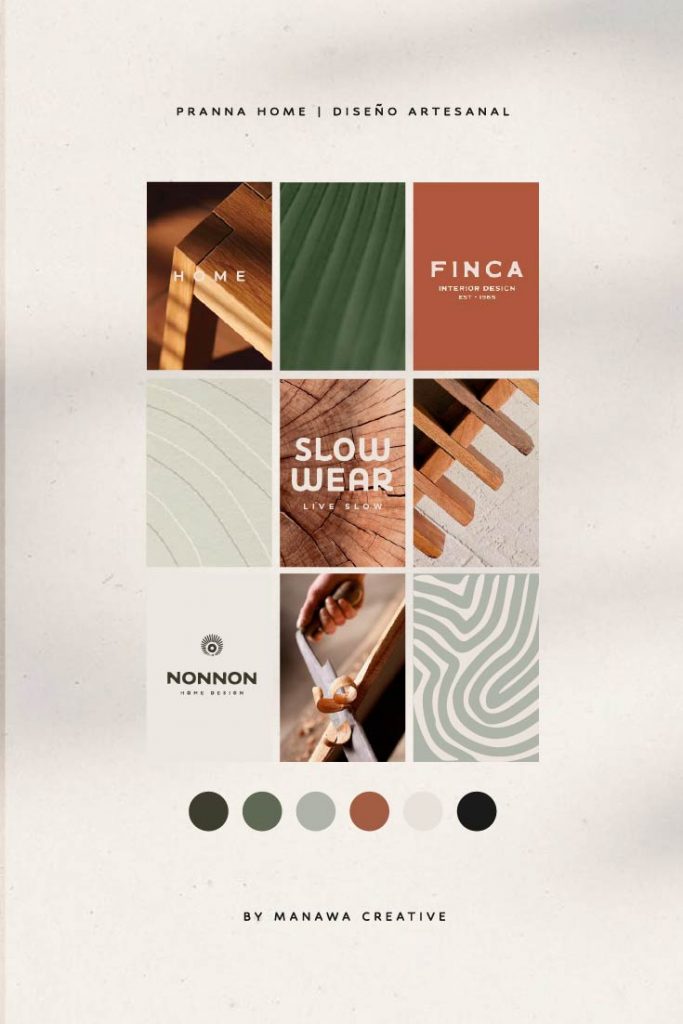 Moodboard y Paleta de colores naturales y texturas orgánicas del branding de Pranna Home, diseñada por Manawa Creative.