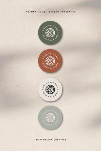 Isotipo circular de Pranna Home aplicado en diferentes colores como parte de la identidad visual artesanal desarrollada por Manawa Creative.