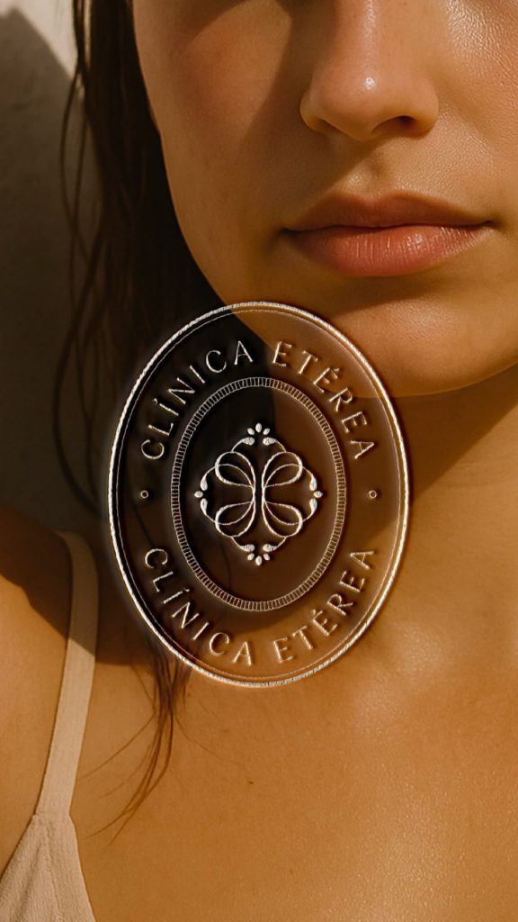 Sello de identidad visual de Clínica Etérea aplicado sobre fotografía editorial, ejemplo de branding estratégico para clínica de medicina estética.