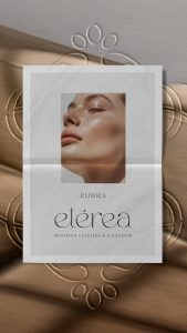 Composición editorial del branding de Clínica Etérea con imagen de rostro y sello en relieve.