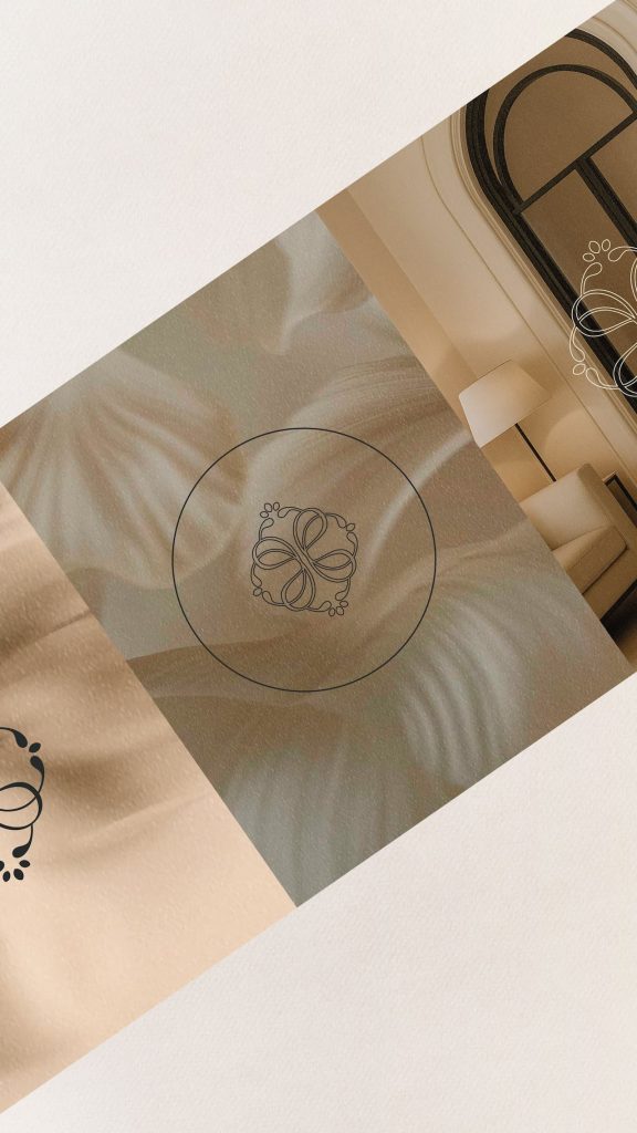 Collage de identidad visual de Clínica Etérea que combina isotipo, textura orgánica y fotografía del espacio interior.