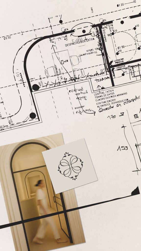 Planos arquitectónicos y isotipo de Clínica Etérea como parte de la estrategia de marca y dirección visual.