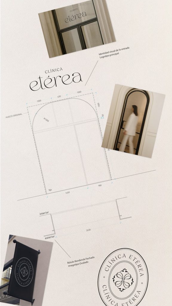 Diseño técnico del rótulo y entrada de Clínica Etérea con aplicación del logotipo.