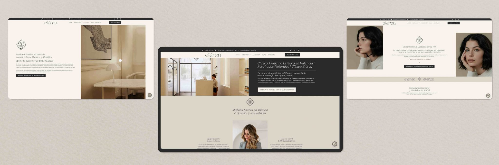 Diseño web de Clínica Etérea en Valencia, creado por Manawa Creative como parte de su proyecto de branding estratégico y estrategia de marca digital.