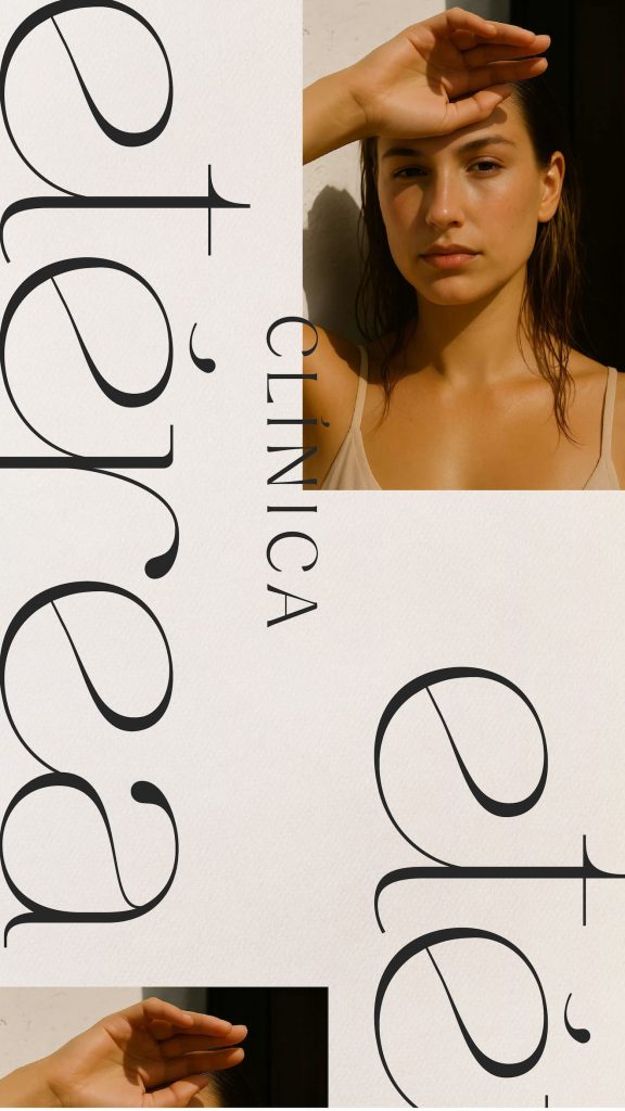 Fotografía editorial de Clínica Etérea combinada con tipografía protagonista como parte de su identidad visual.