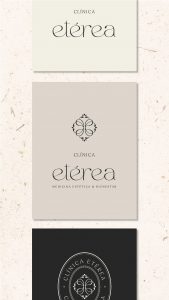 Aplicaciones de la identidad visual de Clínica Etérea con logotipo, isotipo y sello corporativo.