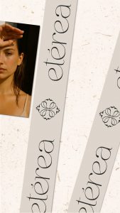 Composición editorial con modelo y elementos gráficos del isotipo de Clínica Etérea.