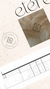 Isotipo circular de Clínica Etérea junto a planos técnicos y parte del logotipo.