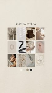 Moodboard de Clínica Etérea con tipografías, elementos decorativos y paleta cromática.