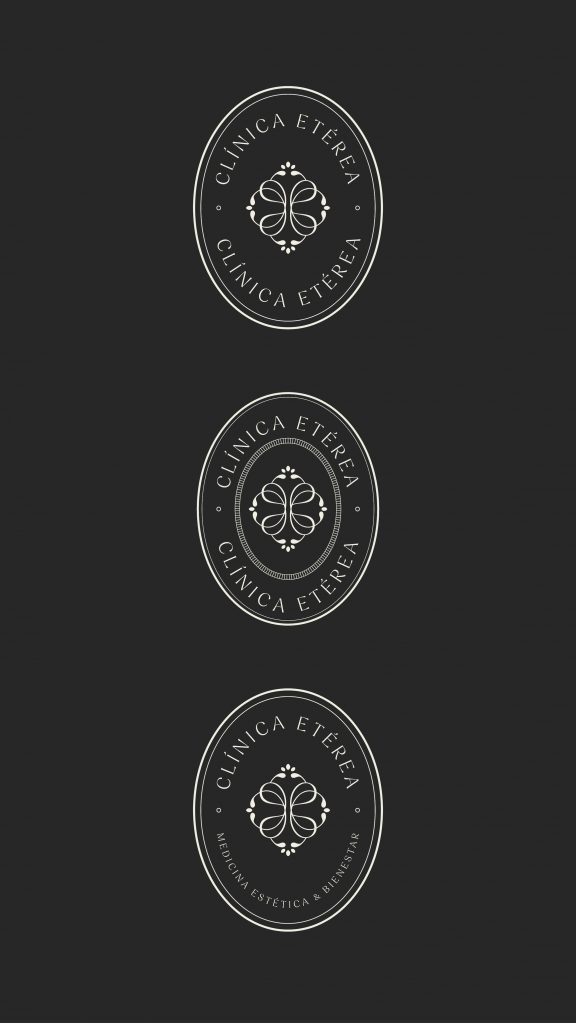 Variantes del sello ovalado de Clínica Etérea en fondo oscuro como parte del branding.