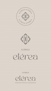 Composición del logotipo e isotipo de Clínica Etérea sobre fondos neutros, ejemplo de branding estratégico en medicina estética.