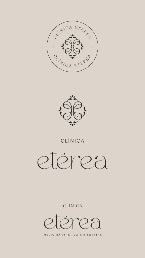 Composición del logotipo e isotipo de Clínica Etérea sobre fondos neutros, ejemplo de branding estratégico en medicina estética.