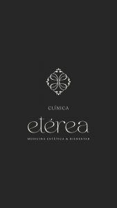 Identidad visual de Clínica Etérea sobre fondo oscuro, con isotipo y logotipo en composición elegante.