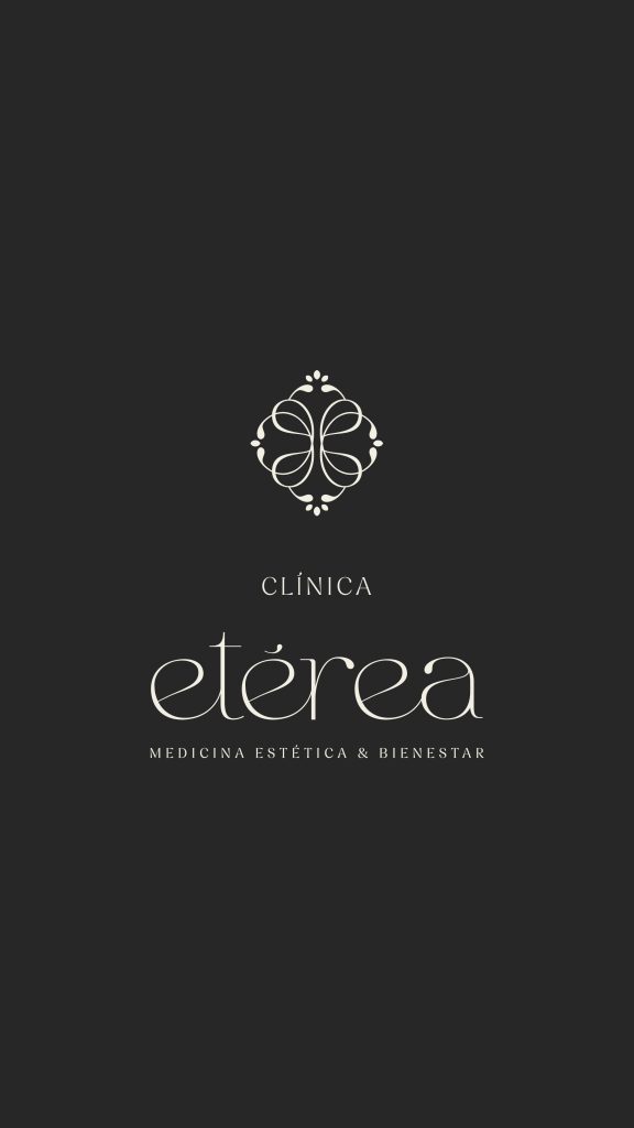 Identidad visual de Clínica Etérea sobre fondo oscuro, con isotipo y logotipo en composición elegante.