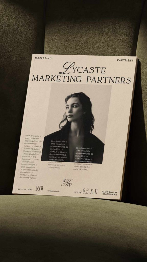 Póster editorial de Lycaste Marketing Partners con tipografía serif y fotografía elegante, diseño de Manawa Creative.