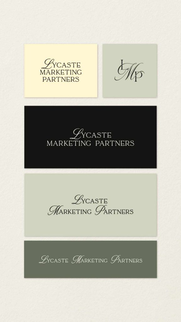 Variaciones del logotipo principal y monograma de Lycaste Marketing Partners en diferentes colores corporativos.