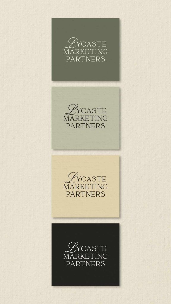 Variaciones del logotipo de Lycaste Marketing Partners en la paleta de colores botánica de la marca.