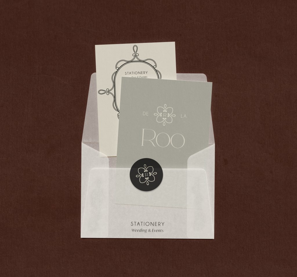 Identidad visual y papelería de boda de la marca De La Roo Wedding Stationery, con diseño elegante, sobres translúcidos y logotipo minimalista.