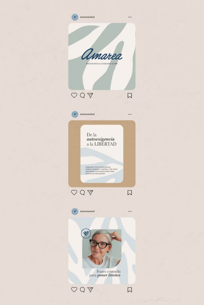 Cuadricula de tres publicaciones de Instagram con la identidad visual de Amarea