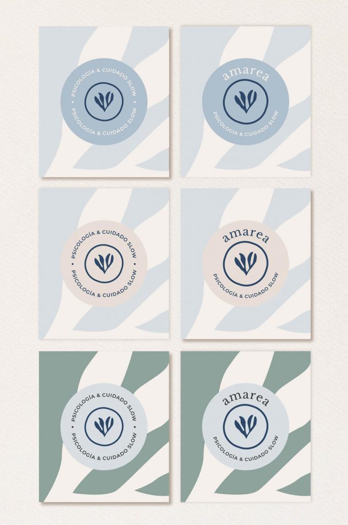 Seis variaciones de color del isotipo y logotipo de Amarea sobre distintos fondos